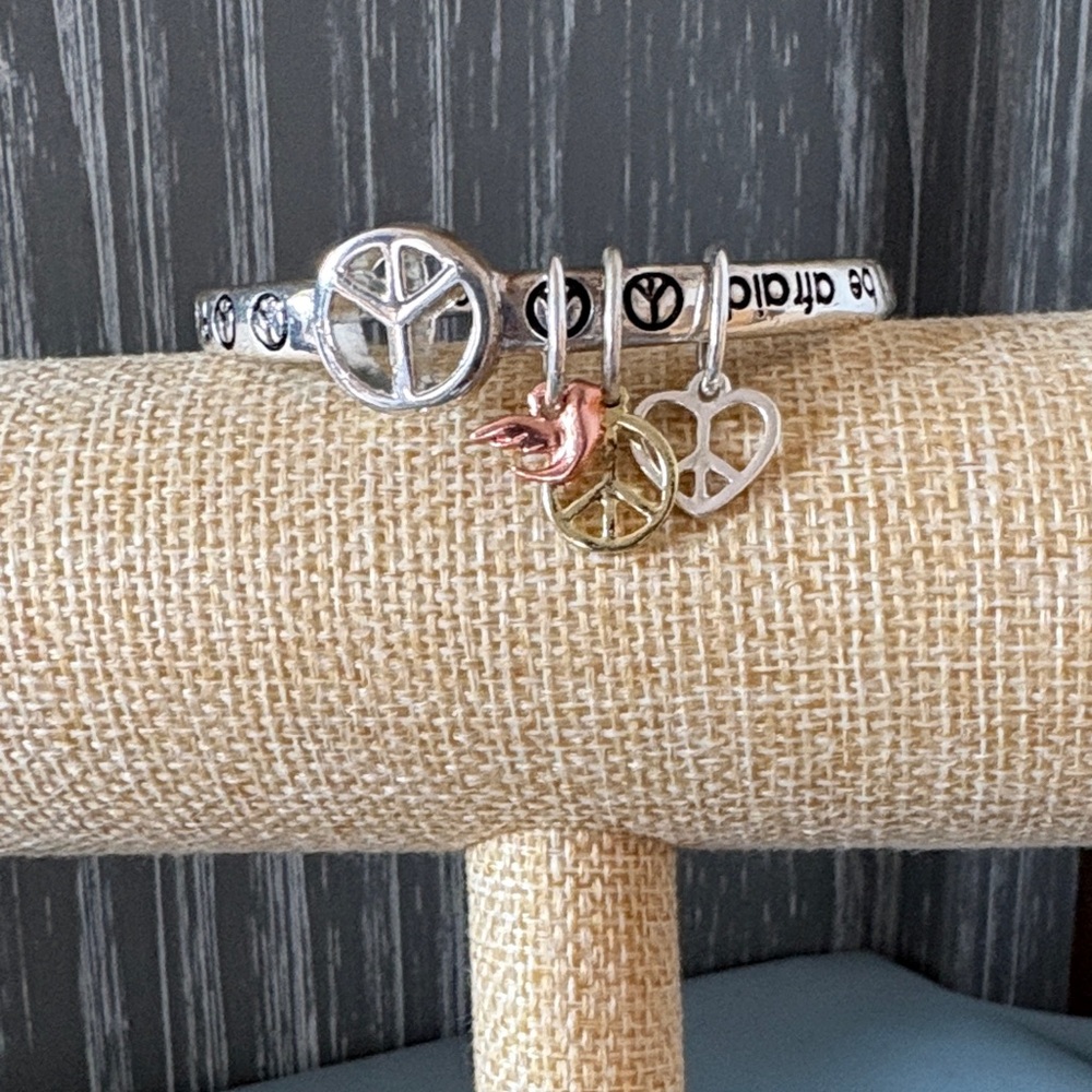 Silver-Tone Peace Sign Charm Bangle with Mixed Metal Accents